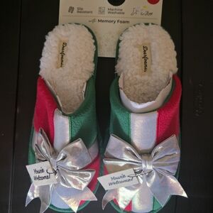 Dearfoams Red and Green Slippers with Silver Bow